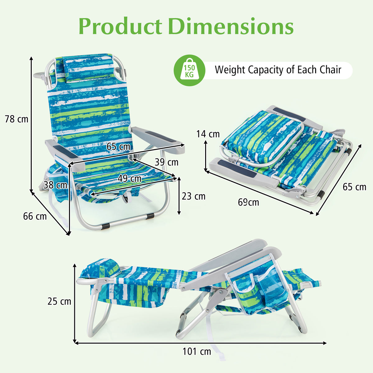 Folding Lay Flat Beach Chair with 5-Position Backrest-Blue & Green