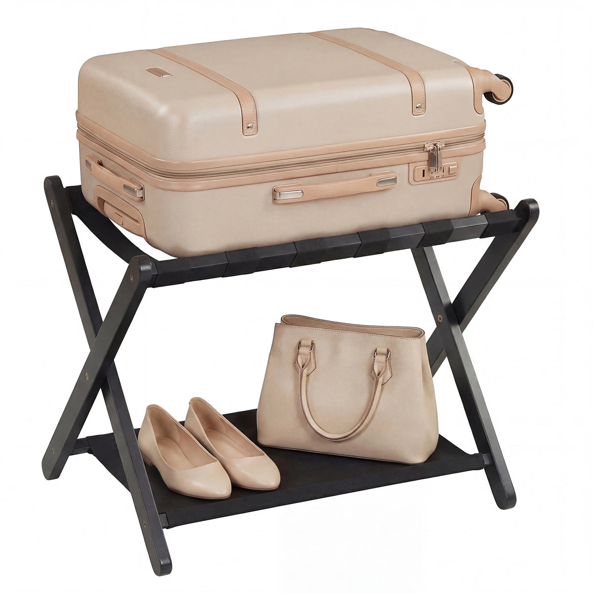Folding Luggage Rack Solid Rubberwood Suitcase Stand with Nylon Shelves-Black