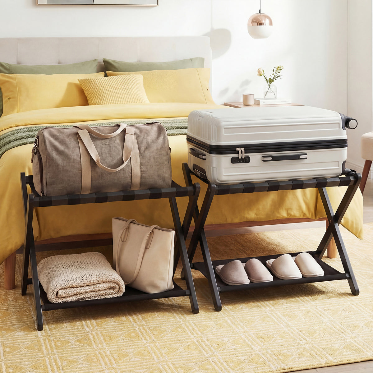 Folding Luggage Rack Solid Rubberwood Suitcase Stand with Nylon Shelves-Black