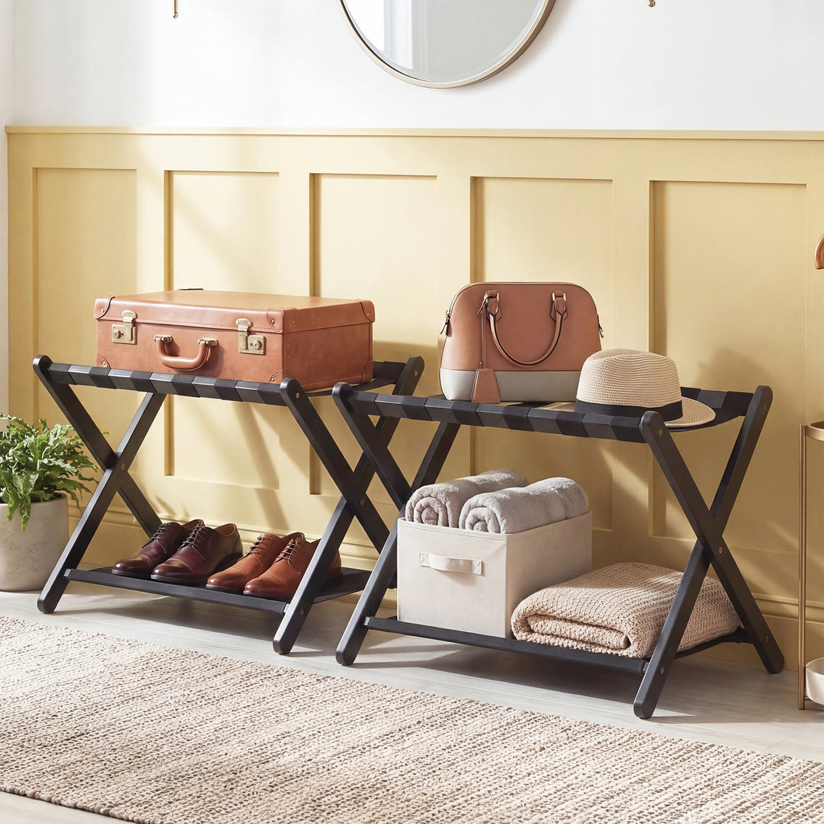 Folding Luggage Rack Solid Rubberwood Suitcase Stand with Nylon Shelves-Black