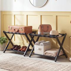 Folding Luggage Rack Solid Rubberwood Suitcase Stand with Nylon Shelves-Black
