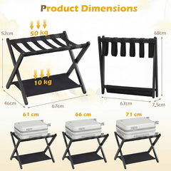Folding Luggage Rack Solid Rubberwood Suitcase Stand with Nylon Shelves-Black