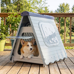 Folding Plastic Dog House with Lockable Flap Door Waterproof Pet Shelter-Blue