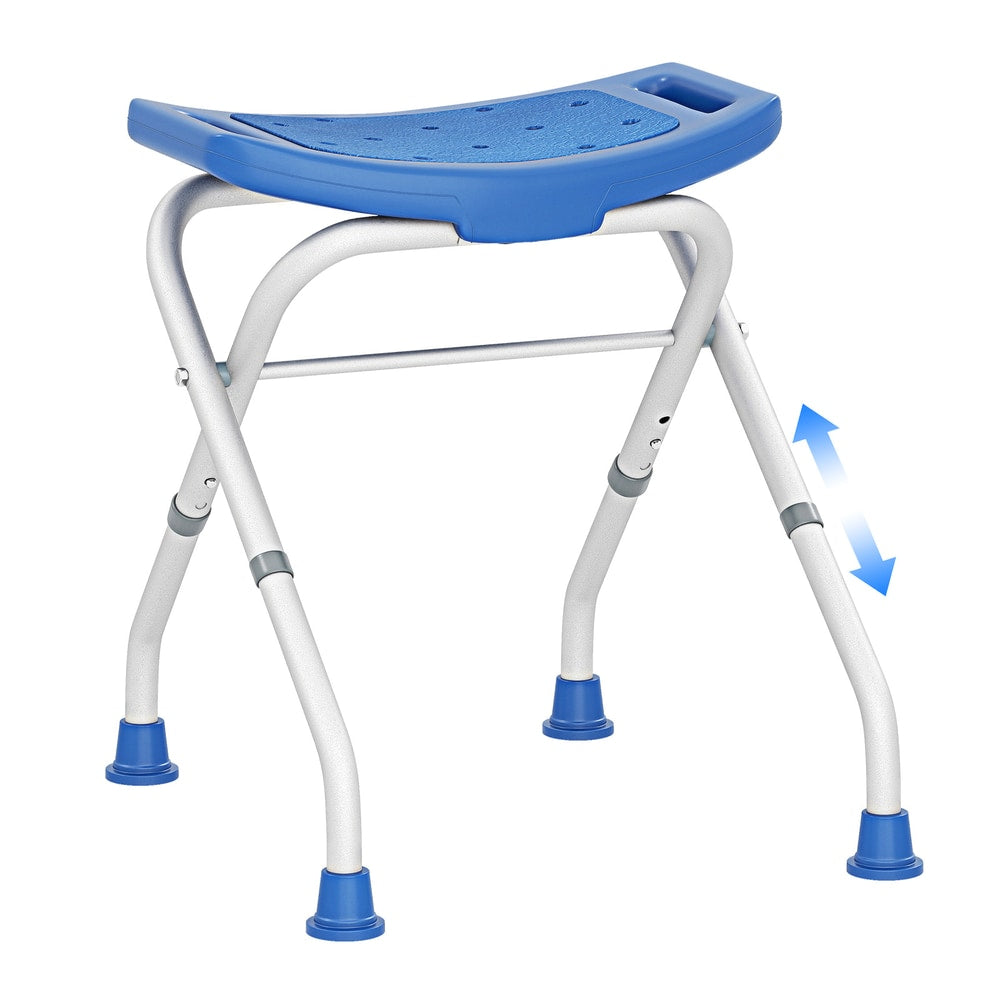 The blue bath safety seat is shown from the side with adjustable height indicators