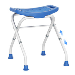 The blue bath safety seat is shown from the side with adjustable height indicators