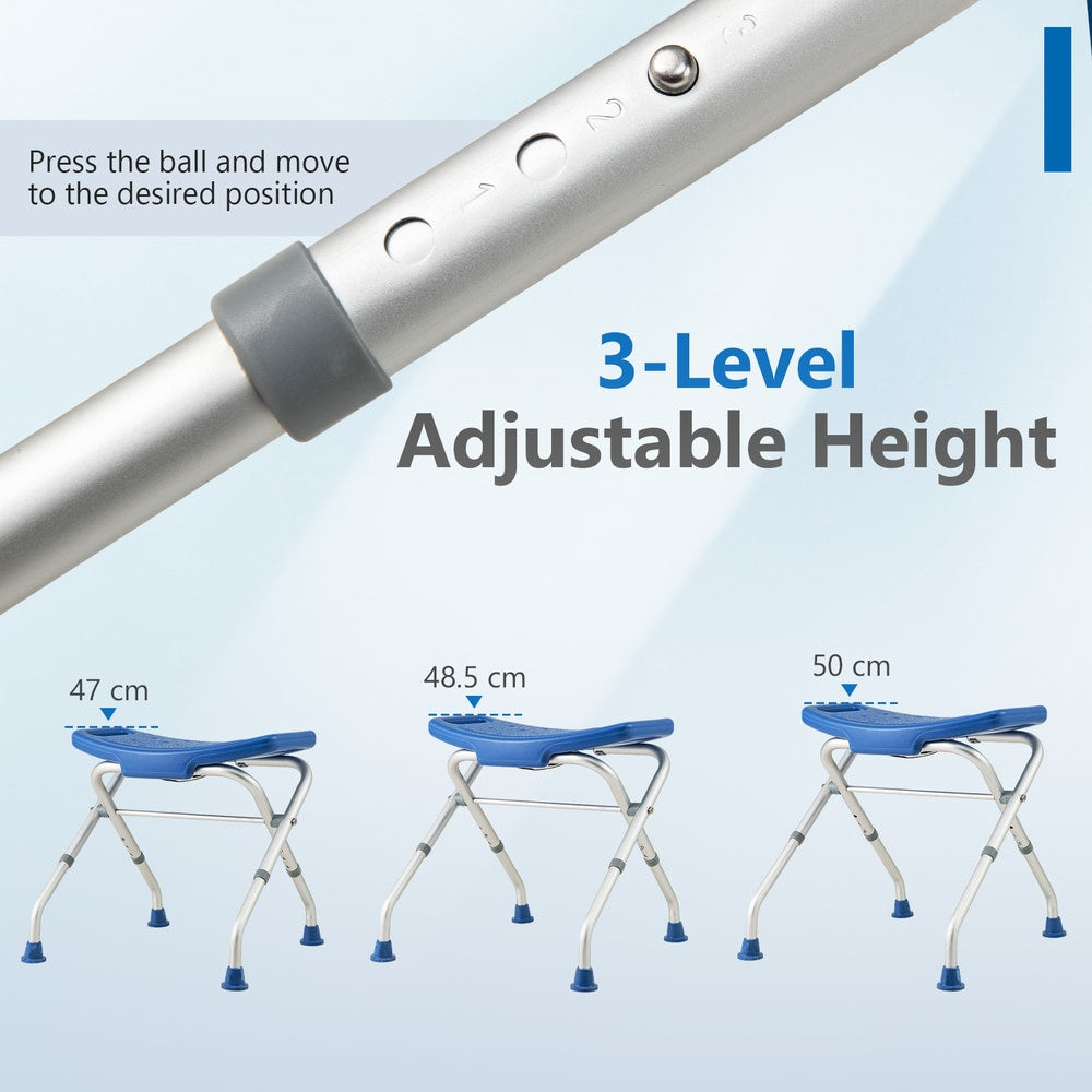 Three blue bath safety seats are shown at different heights with adjustment detail