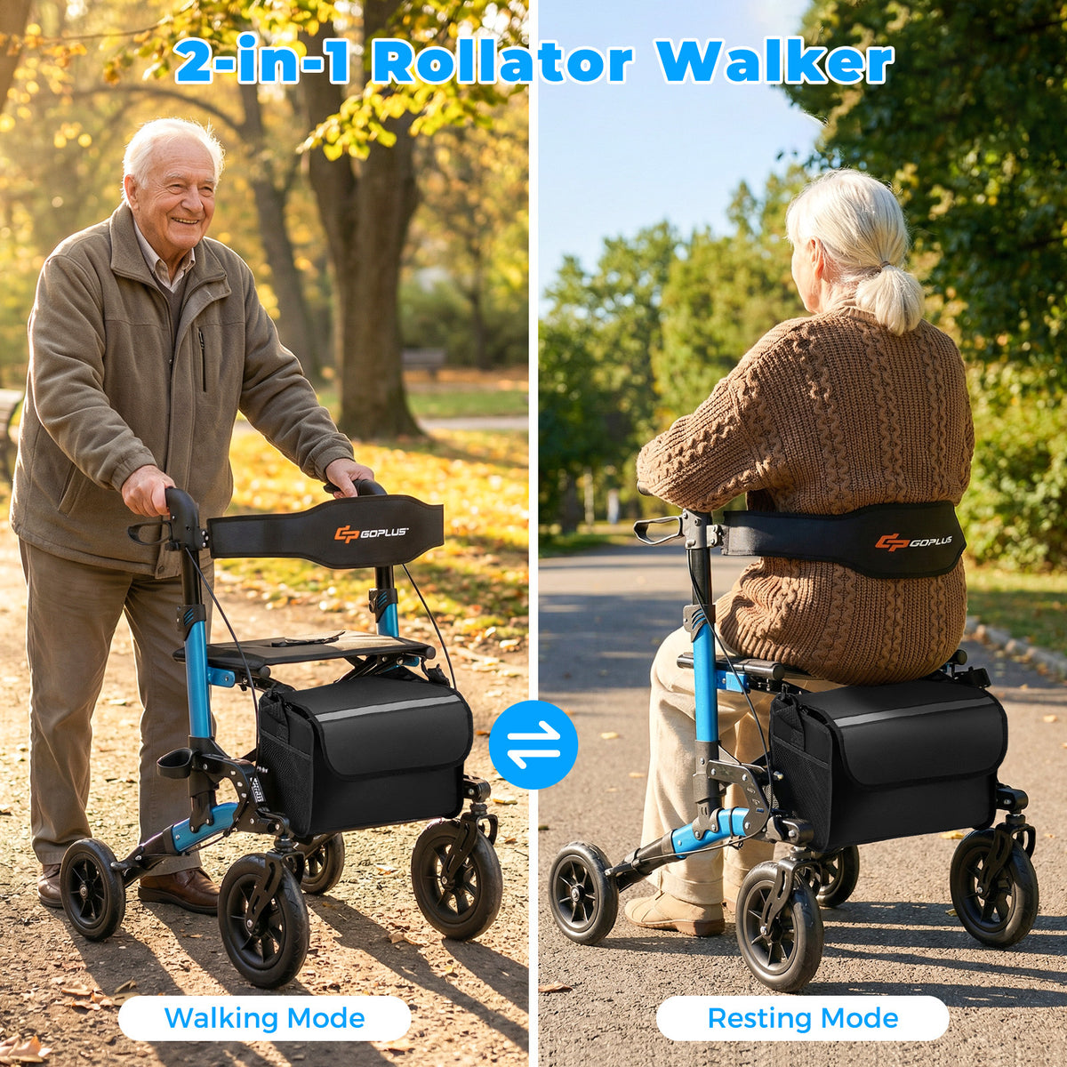 Folding Rolling Walker with Seat and Mesh Backrest for Seniors-Blue