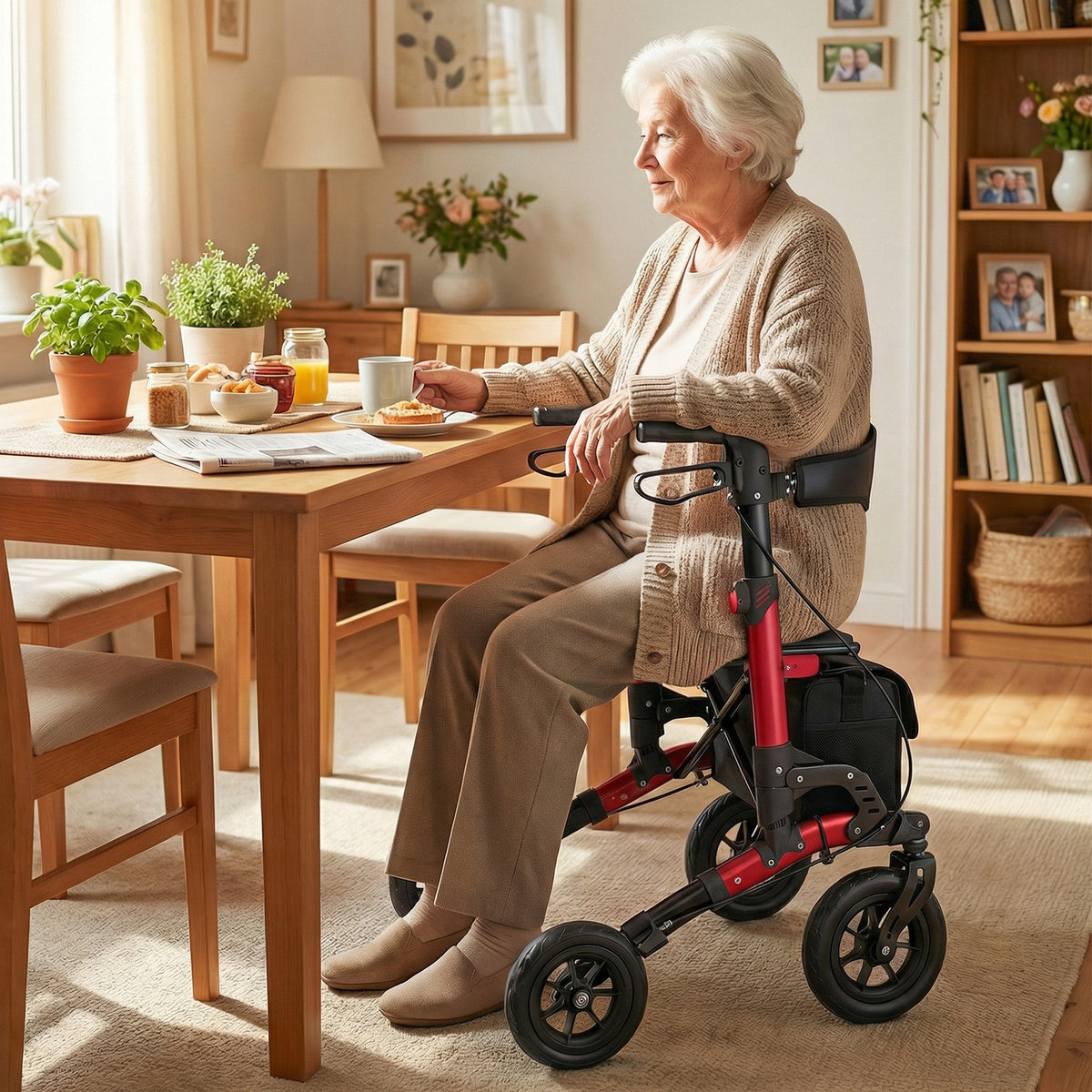 Folding Rolling Walker with Seat and Mesh Backrest for Seniors-Red