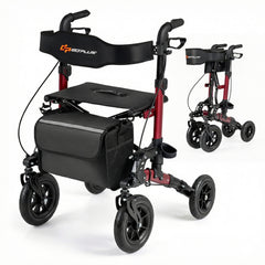 Folding Rolling Walker with Seat and Mesh Backrest for Seniors-Red