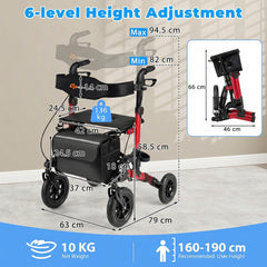 Folding Rolling Walker with Seat and Mesh Backrest for Seniors-Red