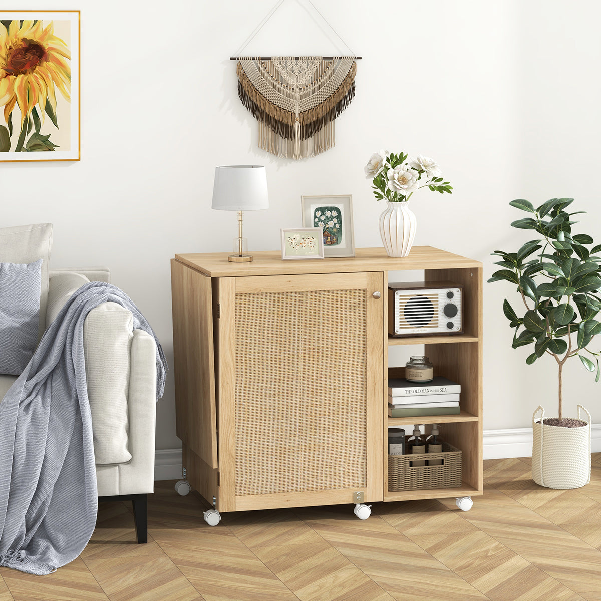 Folding Sewing Table with Rattan Door and Lockable Casters for Craft-Natural