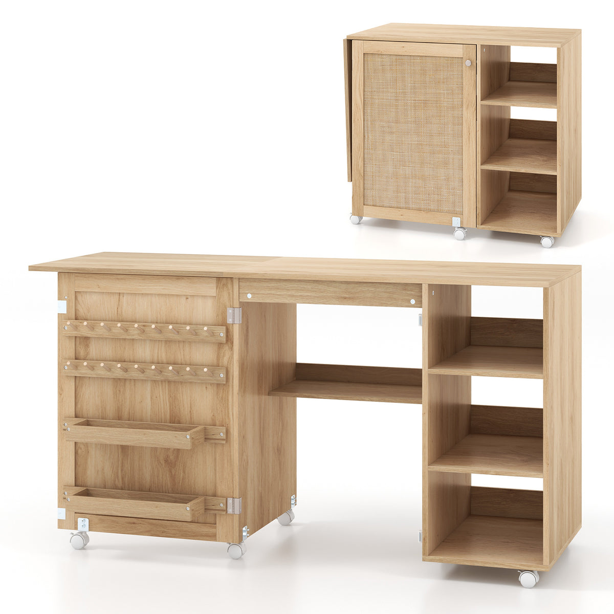 Folding Sewing Table with Rattan Door and Lockable Casters for Craft-Natural