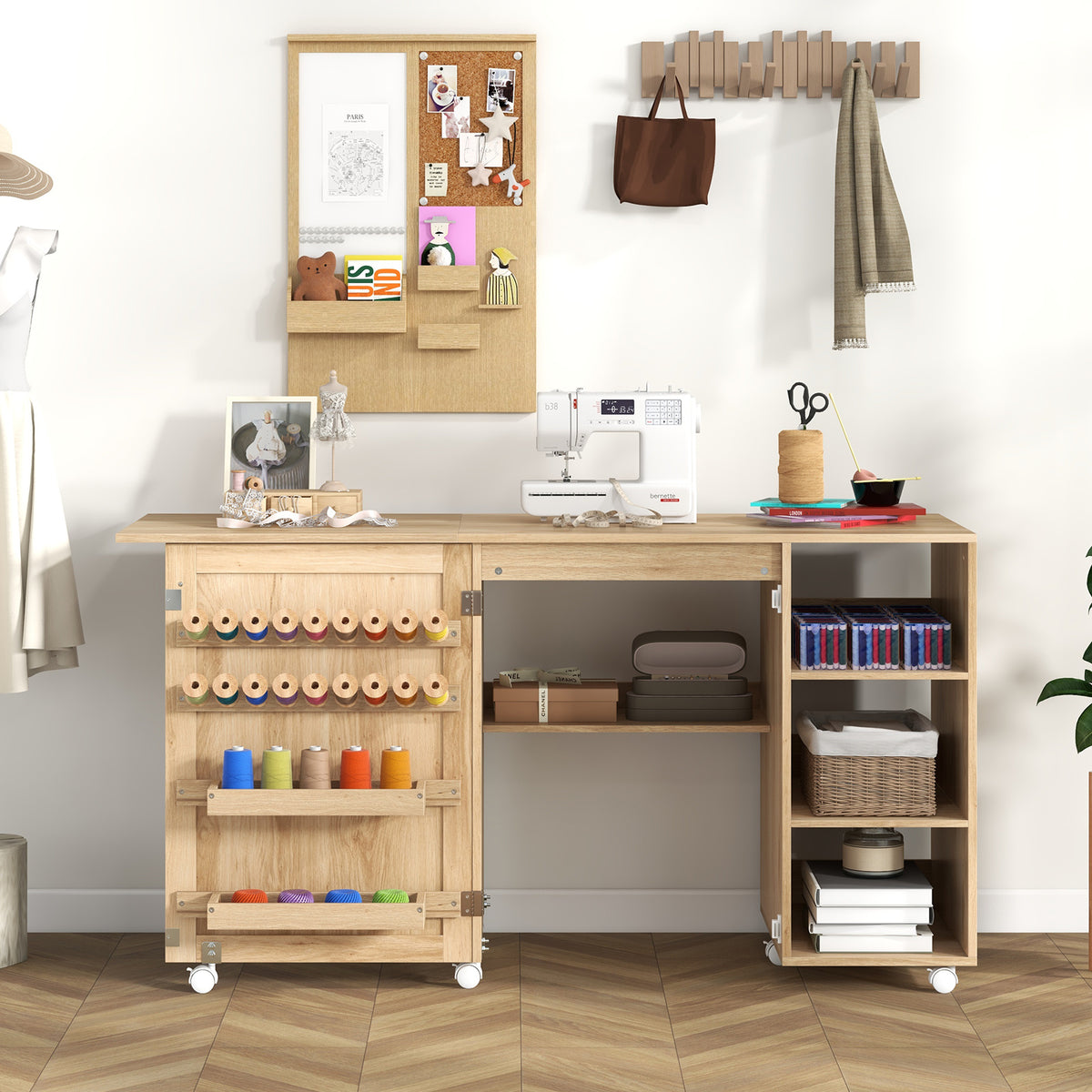 Folding Sewing Table with Rattan Door and Lockable Casters for Craft-Natural