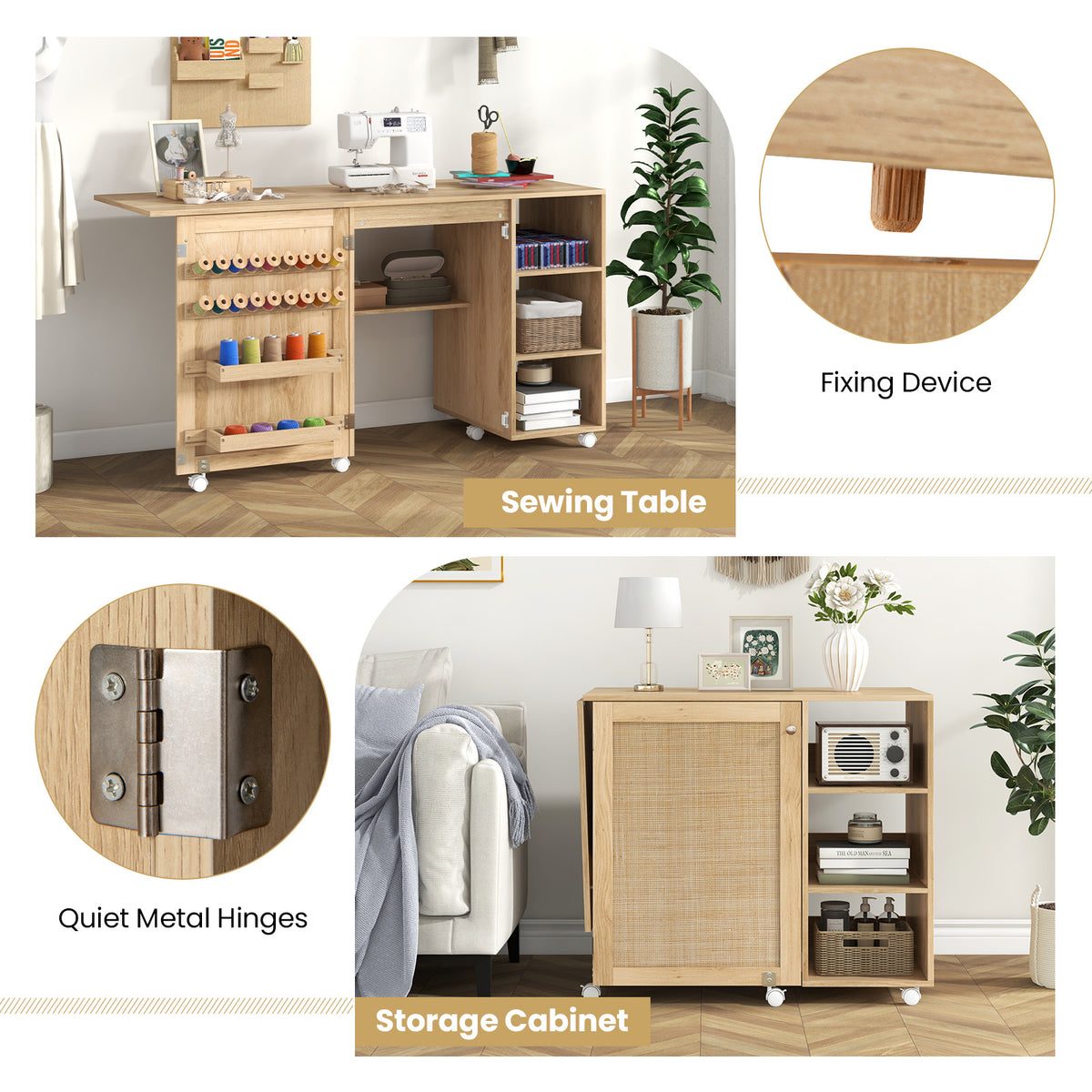 Folding Sewing Table with Rattan Door and Lockable Casters for Craft-Natural