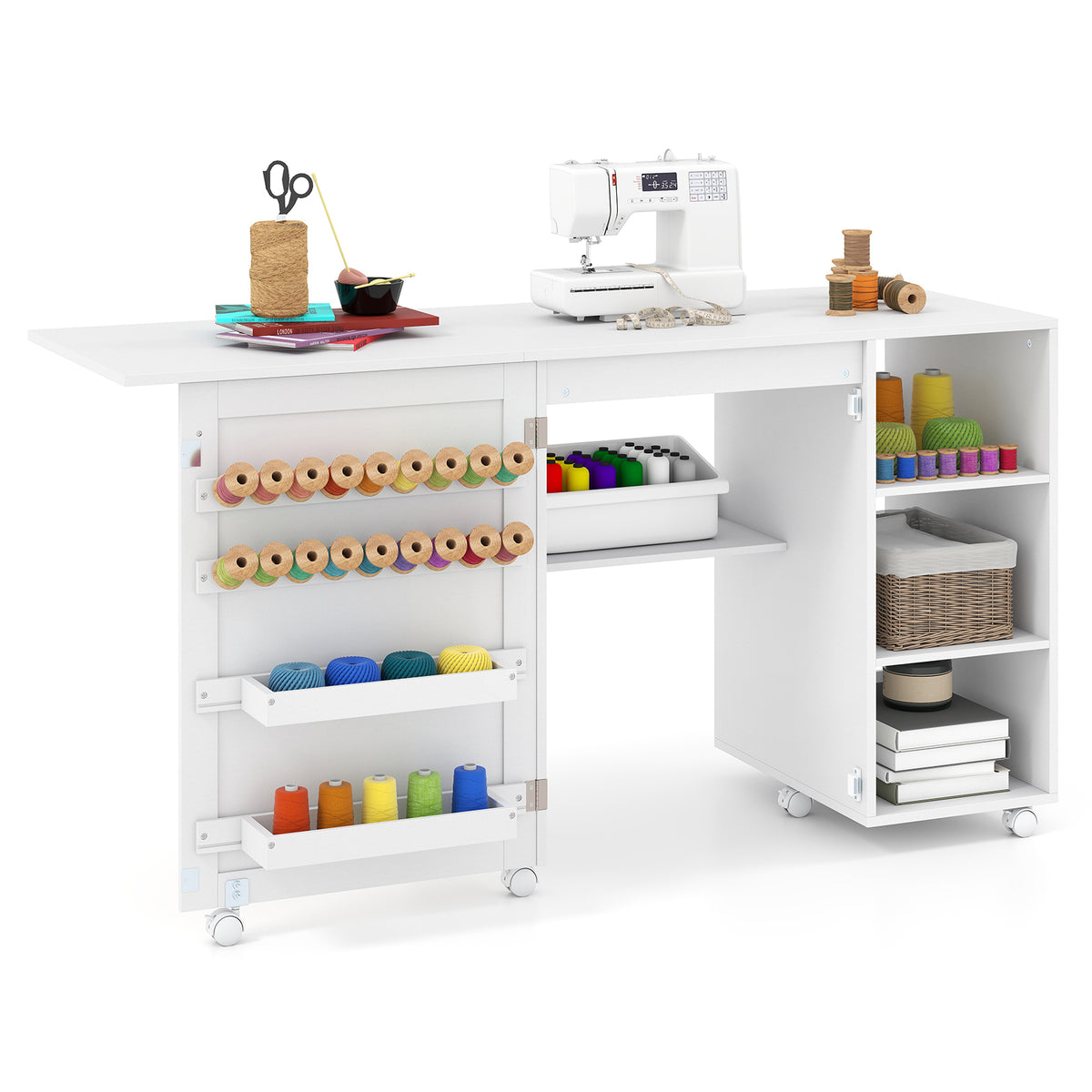 Folding Sewing Table with Rattan Door and Lockable Casters for Craft-White