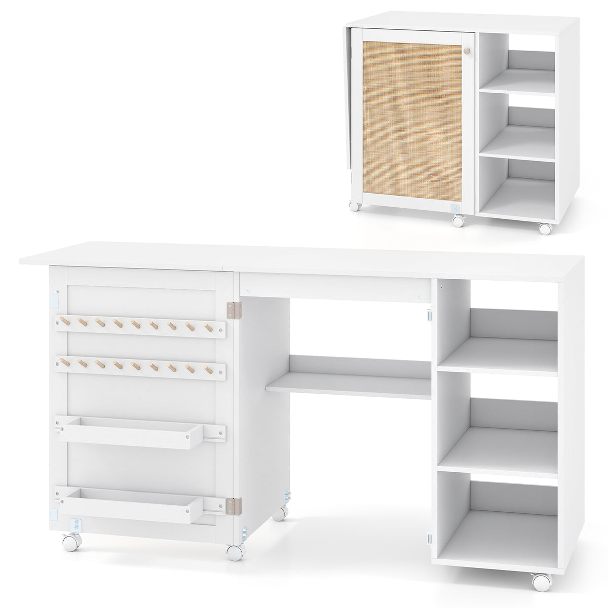 Folding Sewing Table with Rattan Door and Lockable Casters for Craft-White