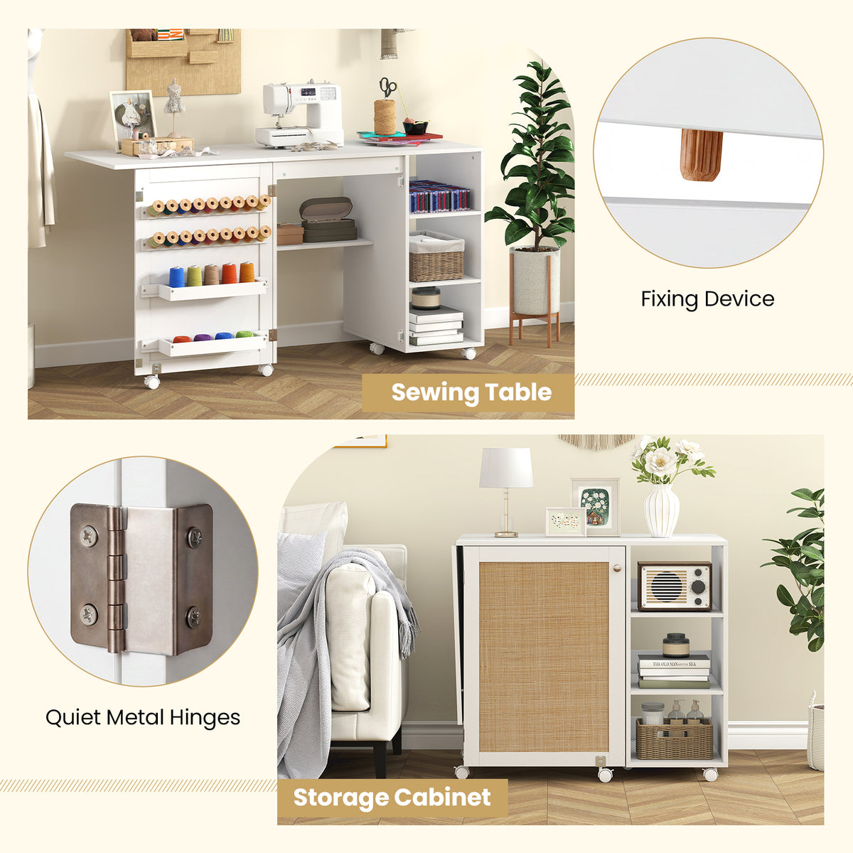 Folding Sewing Table with Rattan Door and Lockable Casters for Craft-White