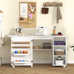 Folding Sewing Table with Rattan Door and Lockable Casters for Craft-White