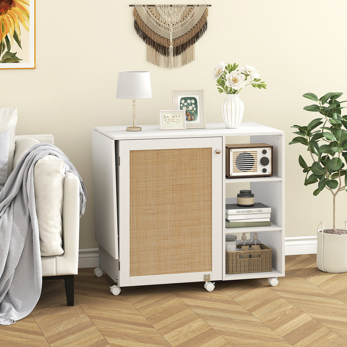 Folding Sewing Table with Rattan Door and Lockable Casters for Craft-White