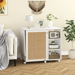 Folding Sewing Table with Rattan Door and Lockable Casters for Craft-White
