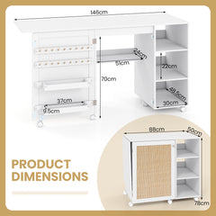 Folding Sewing Table with Rattan Door and Lockable Casters for Craft-White