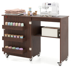 Folding Sewing Table with Storage Shelf and 3 Hidden Bins for Home-Brown