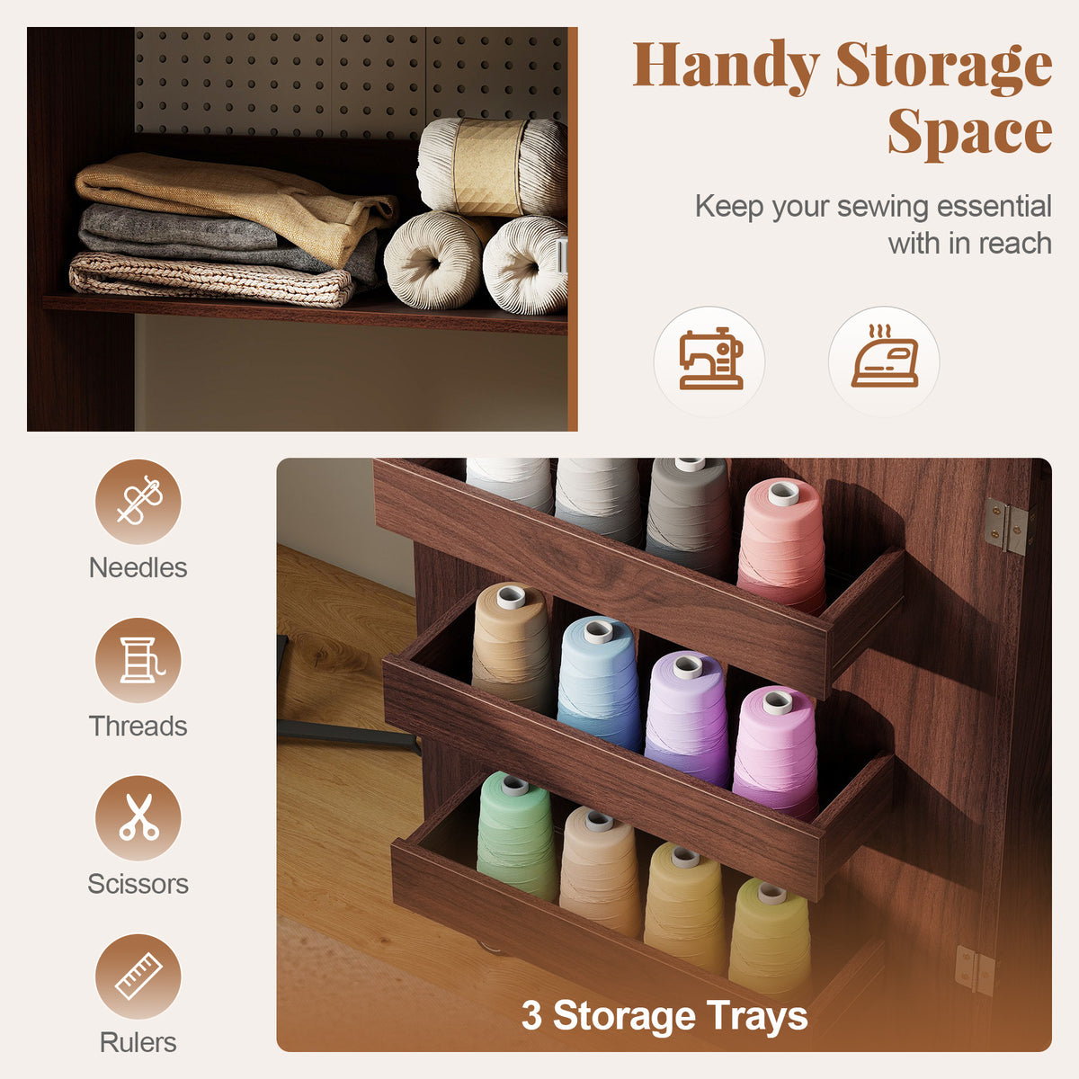 Folding Sewing Table with Storage Shelf and 3 Hidden Bins for Home-Brown
