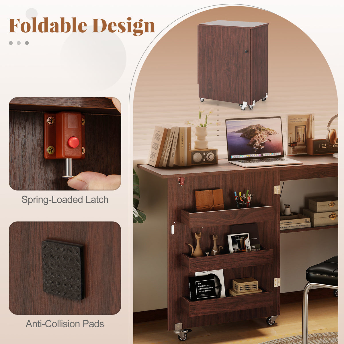 Folding Sewing Table with Storage Shelf and 3 Hidden Bins for Home-Brown