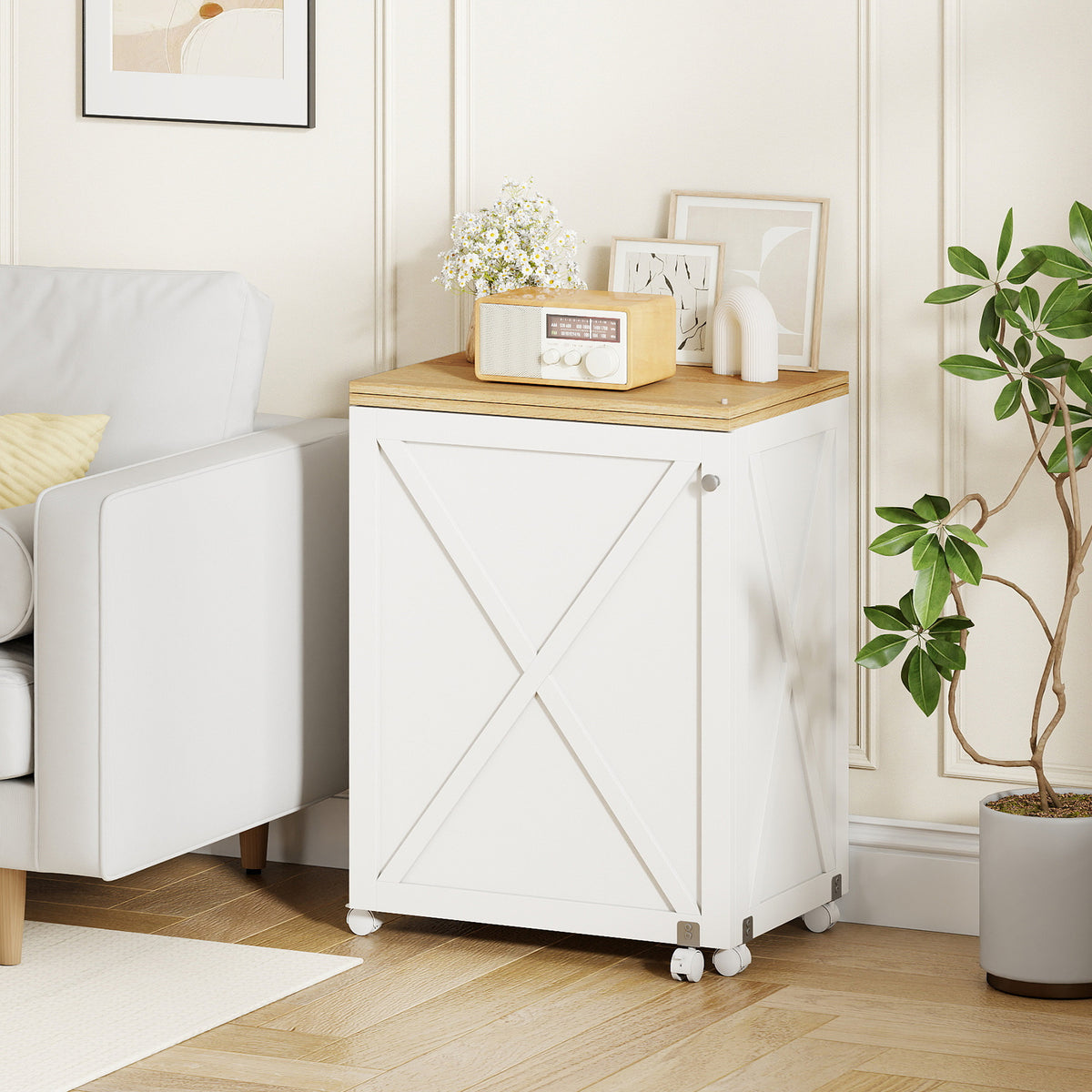Folding Sewing Table with Storage Shelf and 5 Lockable Wheels-Natural & White
