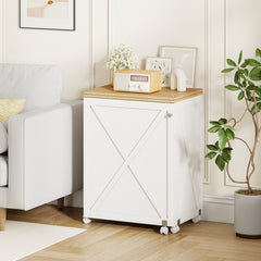 Folding Sewing Table with Storage Shelf and 5 Lockable Wheels-Natural & White