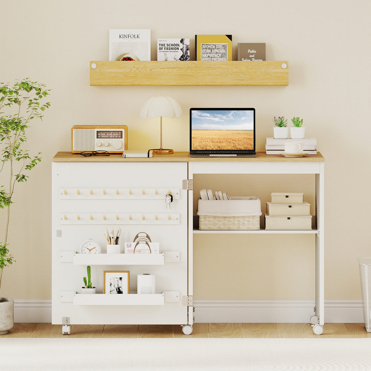Folding Sewing Table with Storage Shelf and 5 Lockable Wheels-Natural & White