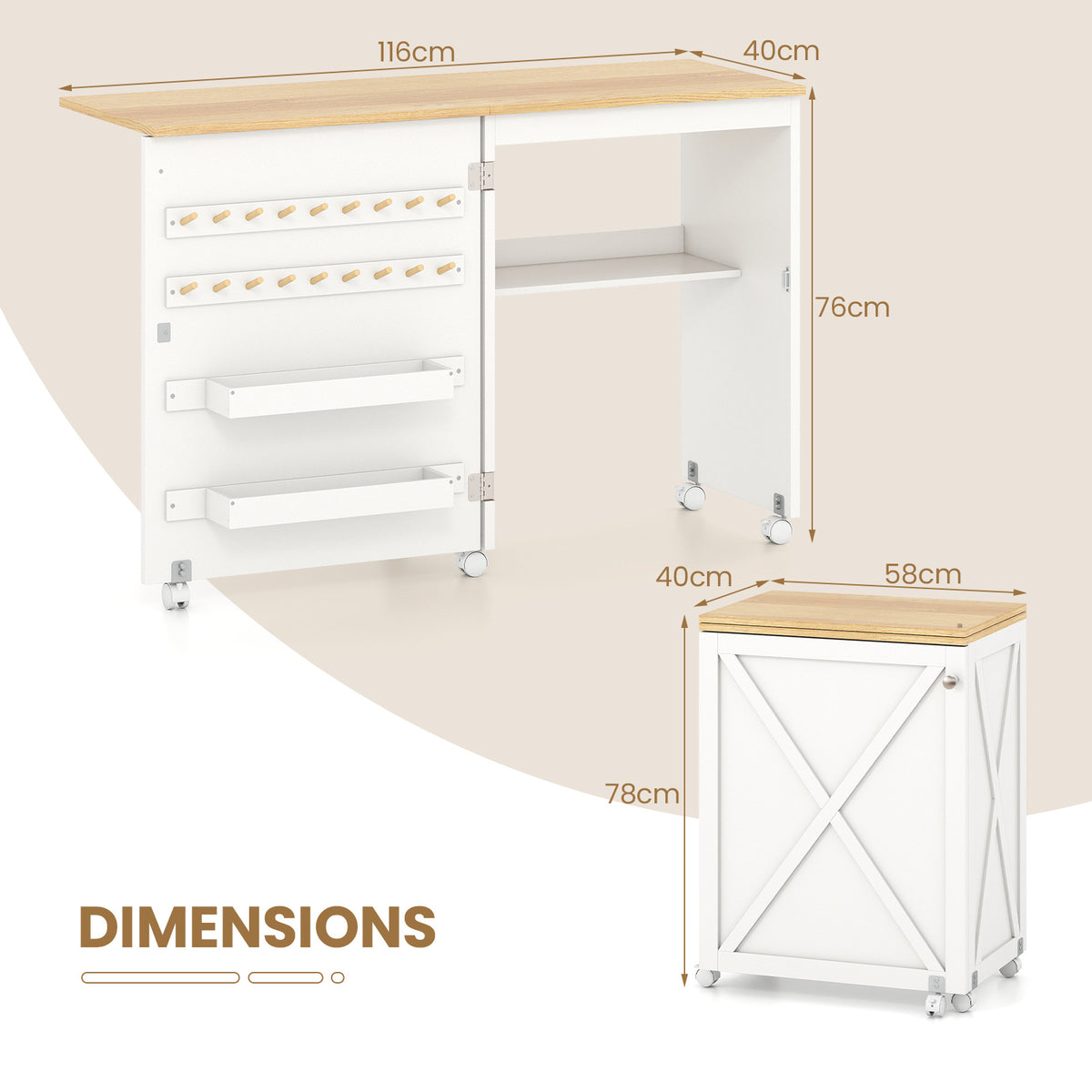 Folding Sewing Table with Storage Shelf and 5 Lockable Wheels-Natural & White