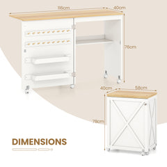 Folding Sewing Table with Storage Shelf and 5 Lockable Wheels-Natural & White