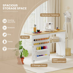Folding Sewing Table with Storage Shelf and 5 Lockable Wheels-Natural & White