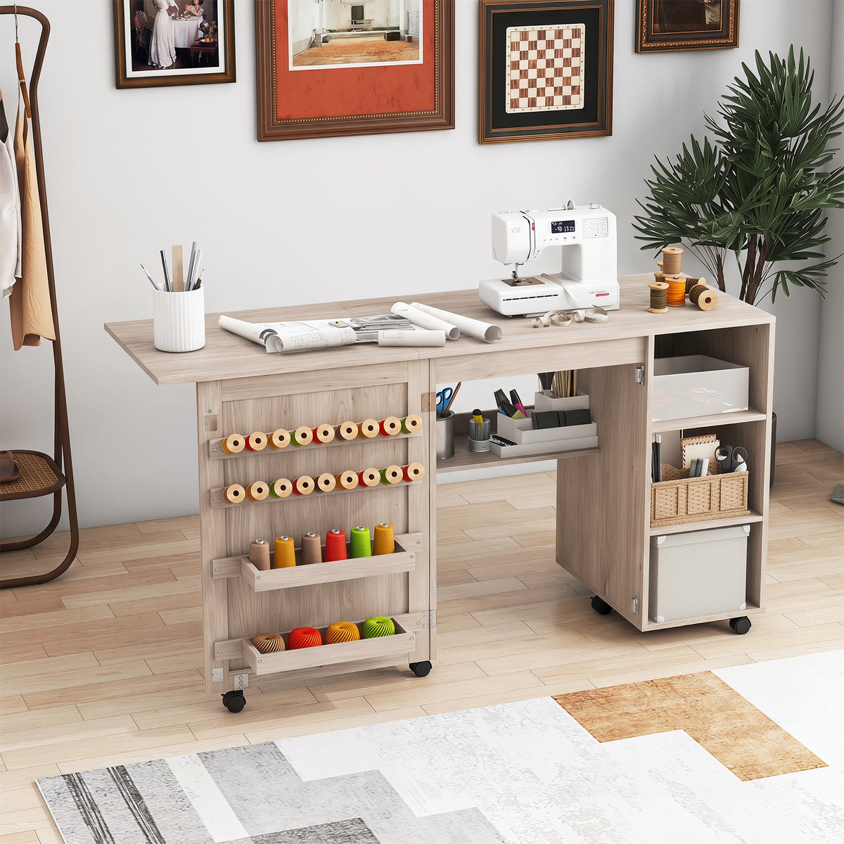 Folding Sewing Table with Storage Shelves and 18 Pegs and Lockable Casters-Natural