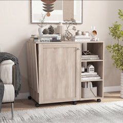 Folding Sewing Table with Storage Shelves and 18 Pegs and Lockable Casters-Natural