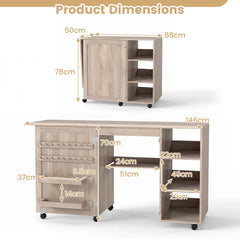 Folding Sewing Table with Storage Shelves and 18 Pegs and Lockable Casters-Natural