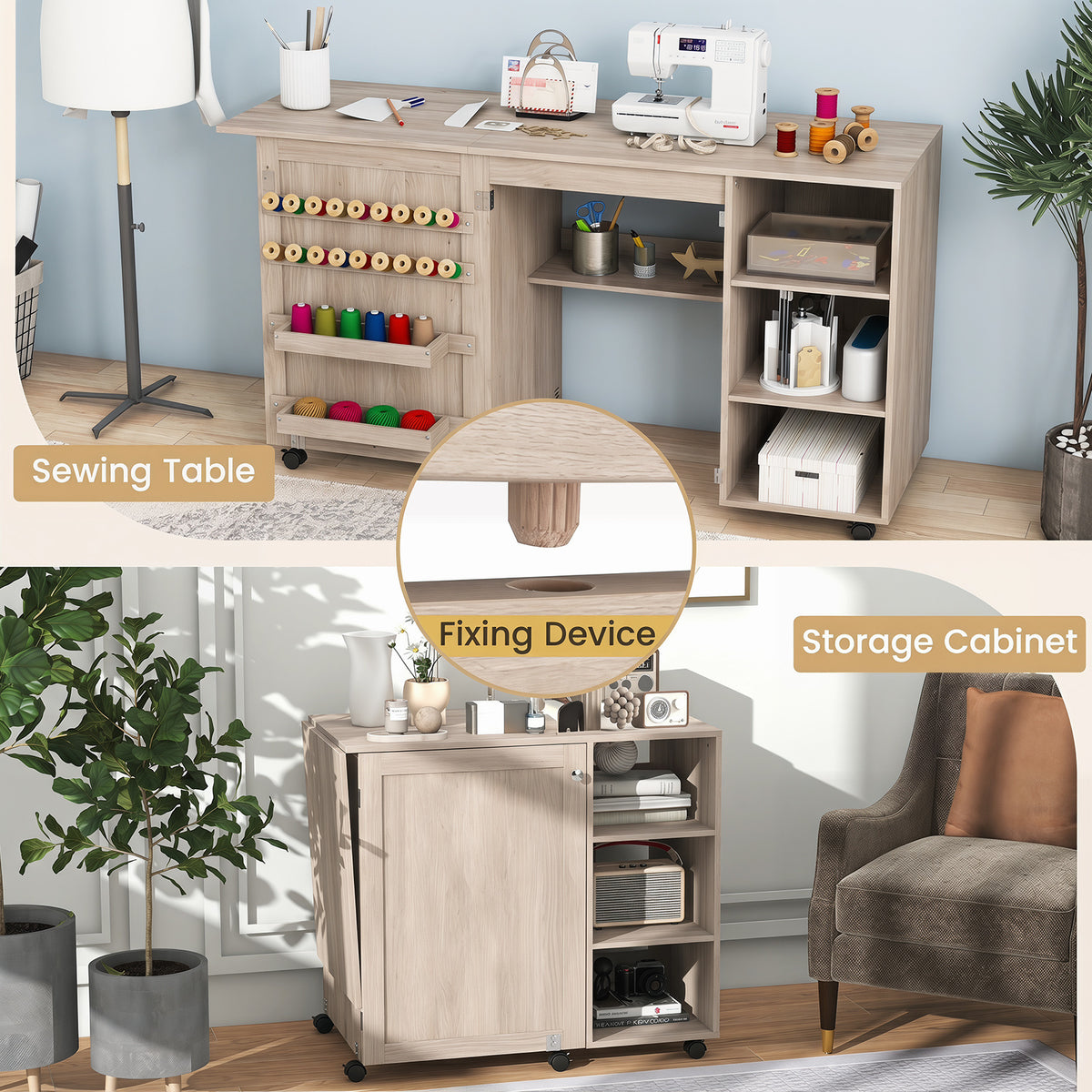 Folding Sewing Table with Storage Shelves and 18 Pegs and Lockable Casters-Natural