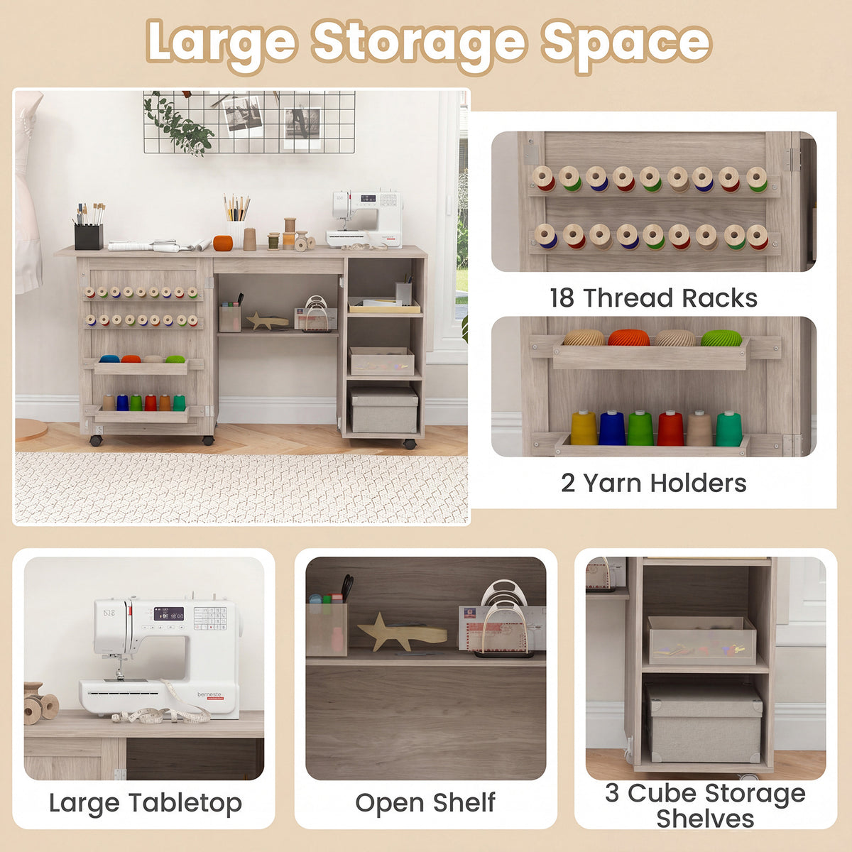 Folding Sewing Table with Storage Shelves and 18 Pegs and Lockable Casters-Natural