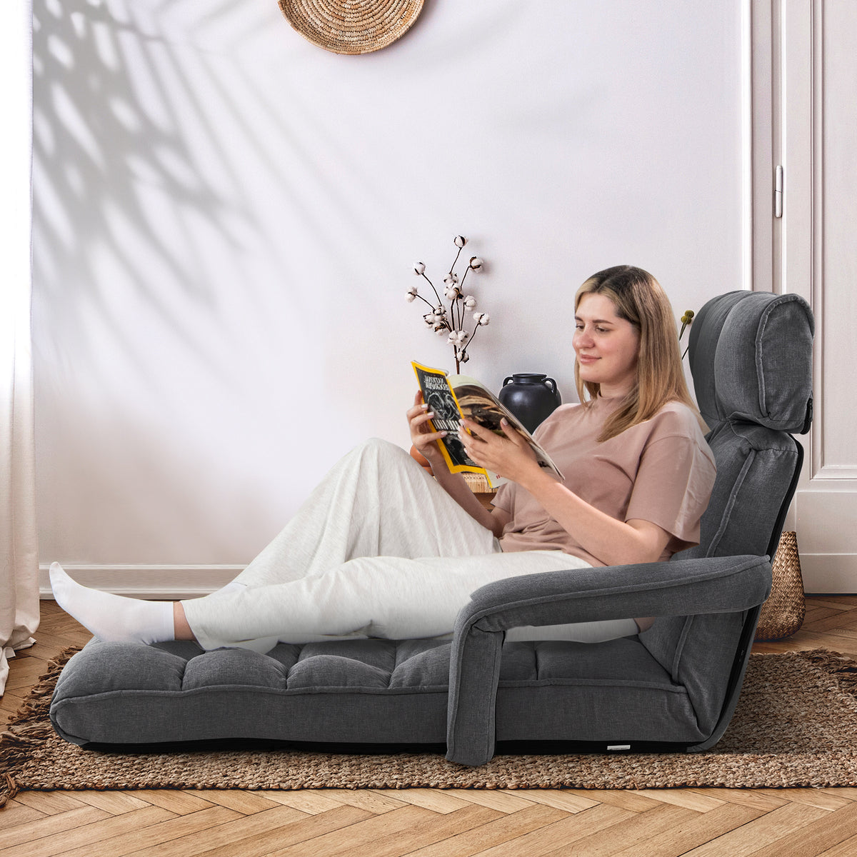 Folding Sofa Bed with 6 Adjustable Positions and 8-Angle Footrest-DarkGrey