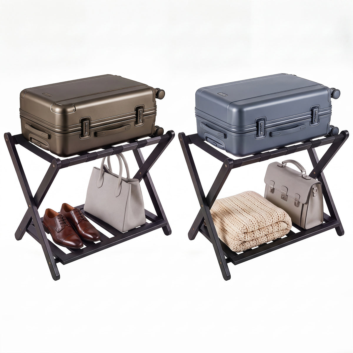 Two black luggage racks displaying different suitcases and personal items