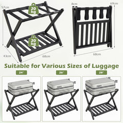 The storage rack showing dimensions and compatibility with various luggage sizes