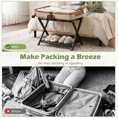 The storage rack in use for packing compared to packing on the floor