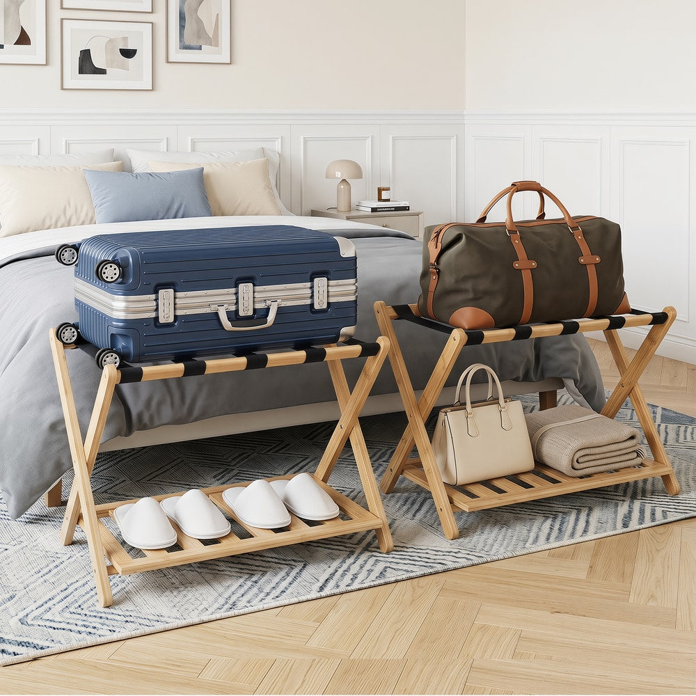 Two wooden luggage racks with suitcases and bags on them in a bedroom