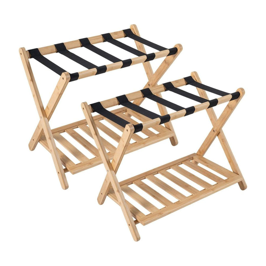 Folding Suitcase Stand with straps and bamboo storage shelves