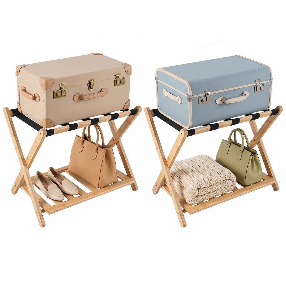 Two luggage racks holding suitcases, bags and shoes