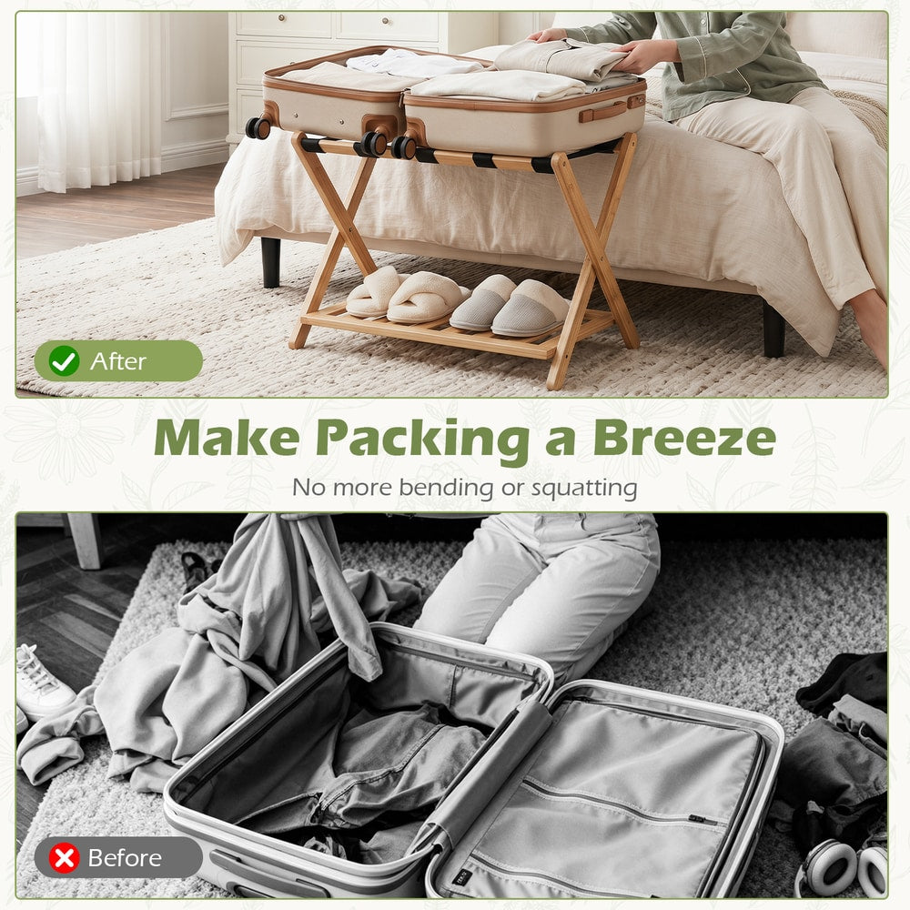Person packing a suitcase on a luggage rack before and after