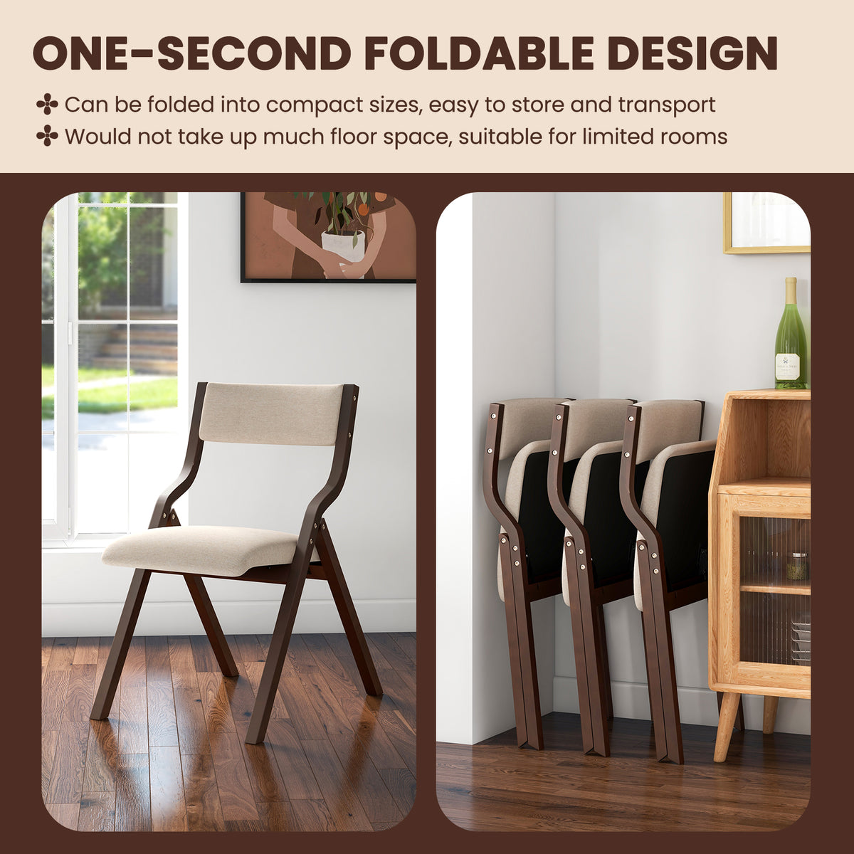 Folding Dining Chair Set of 2 with Solid Wood Frame and Padded Seat-Beige