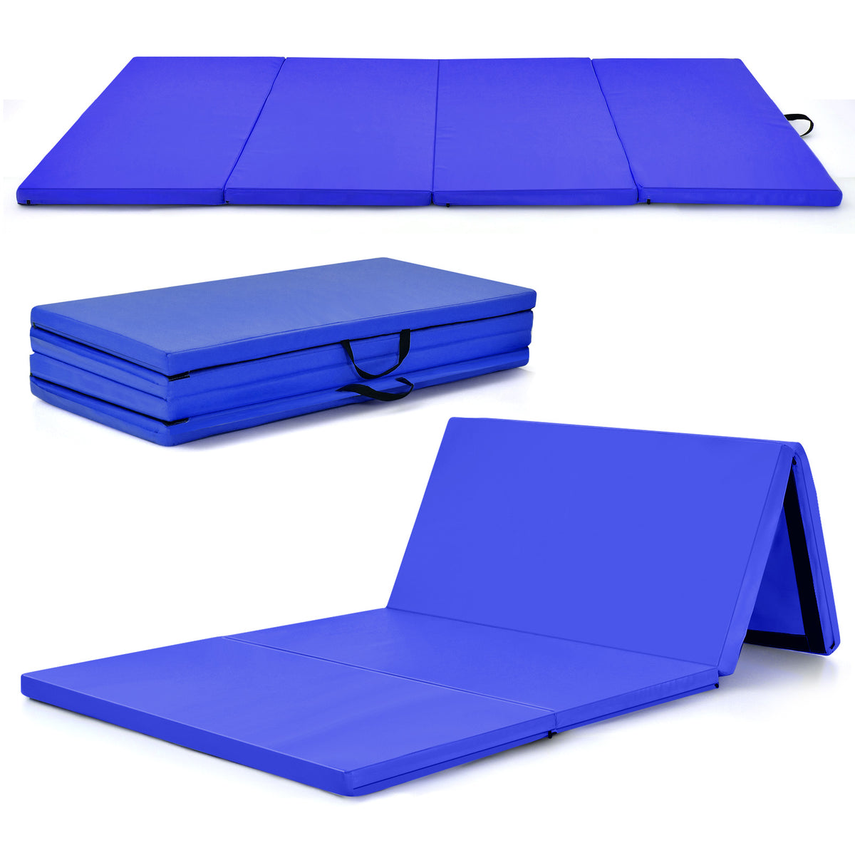 Folding Gymnastics Mat with Carry Handles Hook and Loop Fasteners-Navy Blue