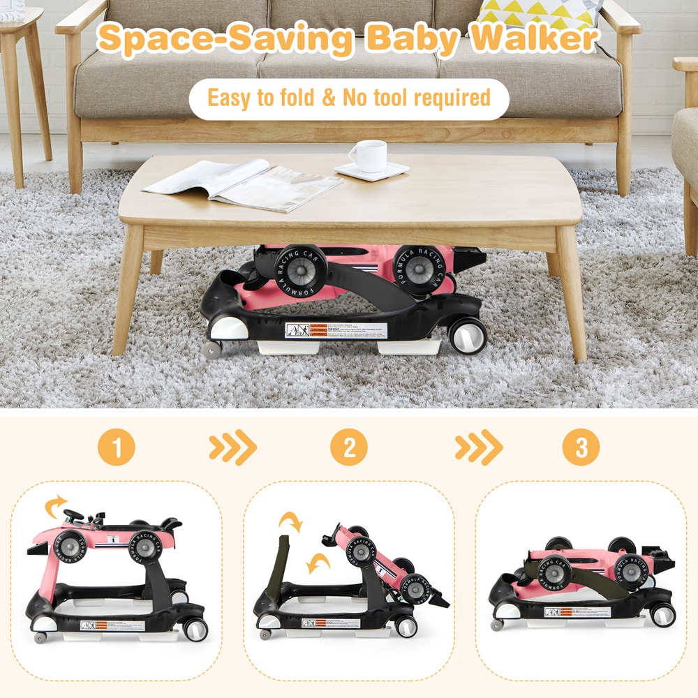 The baby walker folded flat under a coffee table with three steps showing how to collapse the frame